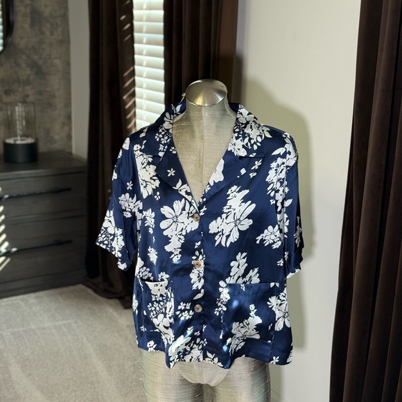 Elan Tops - Elan Navy Blue Floral Button Down Shirt